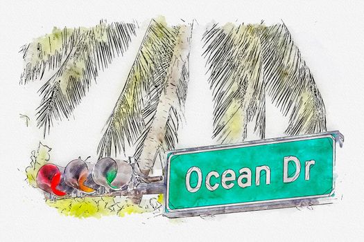 Watercolor painting illustration of Ocean drive street sign in Art Deco district in South Miami USA