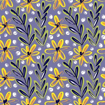 Seamless pattern with bright yellow flowers on a blue background
