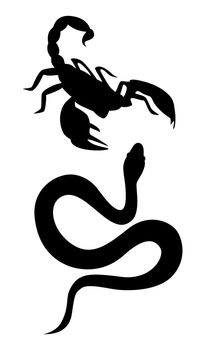 Vector silhouettes of scorpion and snake. Design elements