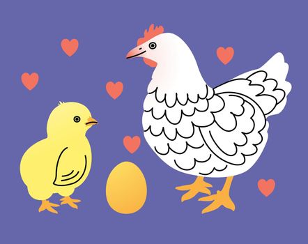 Easter vector illustration with hen, chick and egg