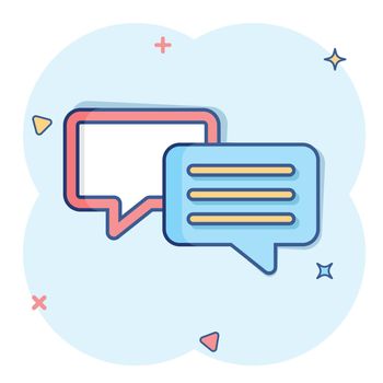 Vector cartoon speech bubble icon in comic style. Discussion dialog sign illustration pictogram. Comment cloud business splash effect concept.