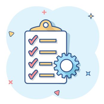 Vector cartoon document icon in comic style. Project management sign illustration pictogram. To do list with gear business splash effect concept.