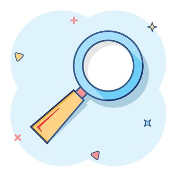 Vector cartoon loupe icon in comic style. Magnifier sign illustration pictogram. Search business splash effect concept.