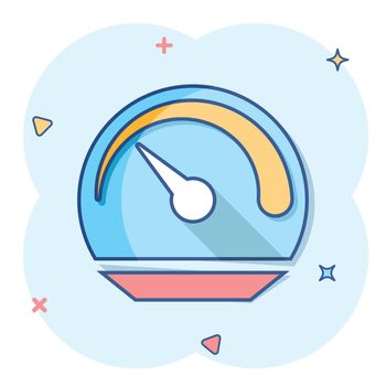 Vector cartoon dashboard icon in comic style. Level meter sign illustration pictogram. Speed business splash effect concept.