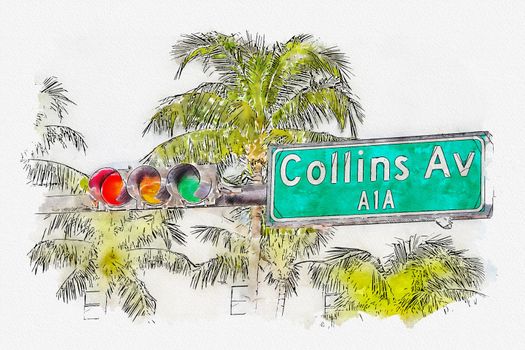 Watercolor painting illustration of Collins avenue street sign in Art Deco district in South Miami USA