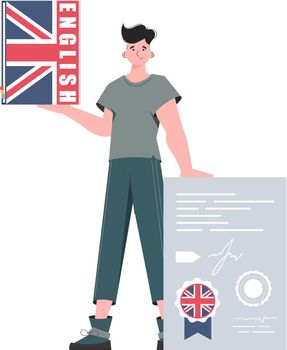 A man holds an English dictionary and a certificate in his hands. The concept of learning English. Isolated. trendy style. Vector.
