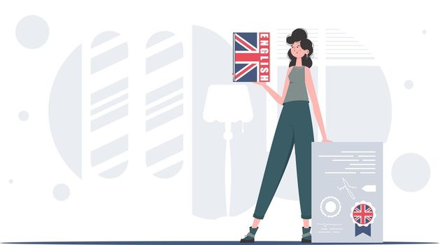 The concept of learning English. A woman holds an English dictionary and a certificate in her hands. trendy style. Vector.