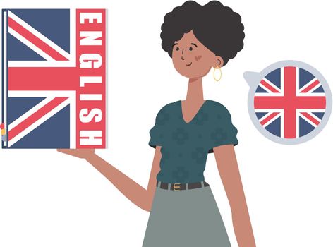 A woman holds an English dictionary in her hands. The concept of learning English. Isolated. Flat modern style. Vector.