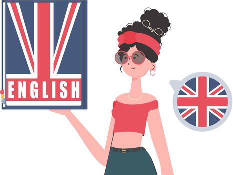 A woman holds an English dictionary in her hands. The concept of learning English. Isolated. trendy style. Vector.