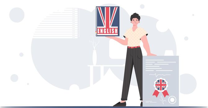 The concept of learning English. A man holds an English dictionary and a certificate in his hands. Trendy cartoon style. Vector.