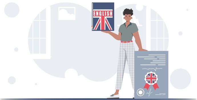 The concept of learning English. A man holds an English dictionary and a certificate in his hands. trendy style. Vector illustration.