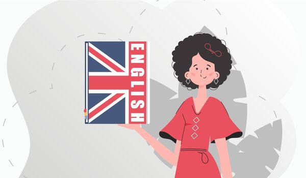 The concept of learning English. A woman holds an English dictionary in her hands. Trendy flat style. Vector illustration.