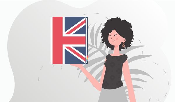 The concept of teaching English. A woman holds an English dictionary in her hands. trendy style. Vector illustration.