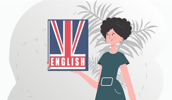 The concept of teaching English. A woman holds an English dictionary in her hands. trendy style. Vector.