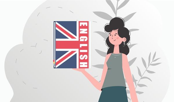 The concept of learning English. A woman holds an English dictionary in her hands. trendy style. Vector illustration.