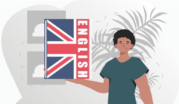 The concept of learning English. A man holds an English dictionary in his hands. Trendy flat style. Vector illustration.