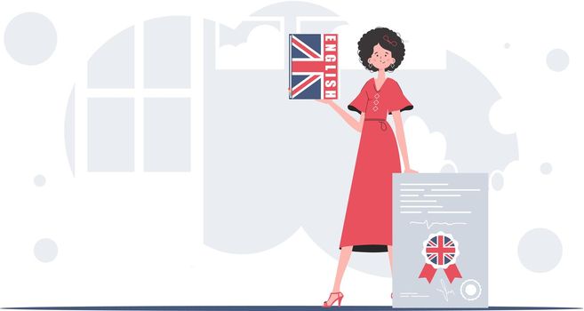 The concept of learning English. A woman holds an English dictionary and a certificate in her hands. Trendy flat style. Vector.