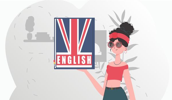 The concept of learning English. A woman holds an English dictionary in her hands. Trendy cartoon style. Vector illustration.