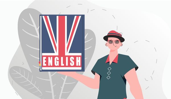 The concept of learning English. A man holds an English dictionary in his hands. Trendy cartoon style. Vector.