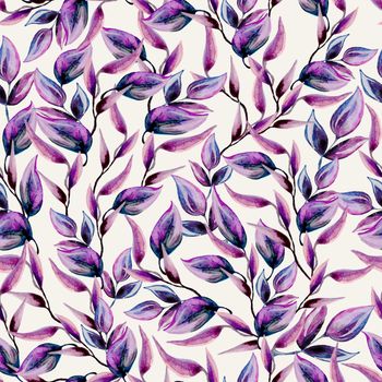 Purple and violet leaves watercolor texture pattern. Hand drawn illustration