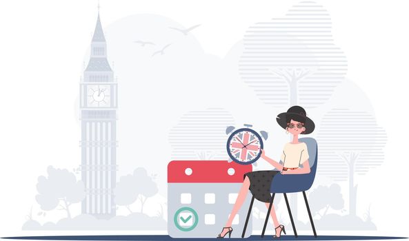 The concept of learning English. Woman holding a calendar with a marked date and a clock. Trendy cartoon style. Vector.