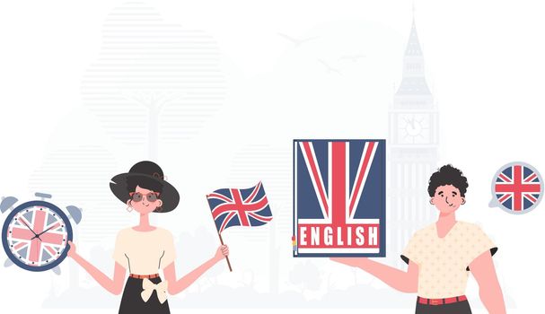 English language team. The concept of teaching English. Trendy cartoon style. Vector.