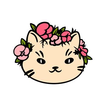 Cute hand drawn cat with flowers. Color image of cat's muzzle. Animal icon.