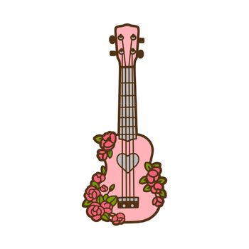 Cute hand drawn guitar with flowers. Color image of guitar. Guitar icon.