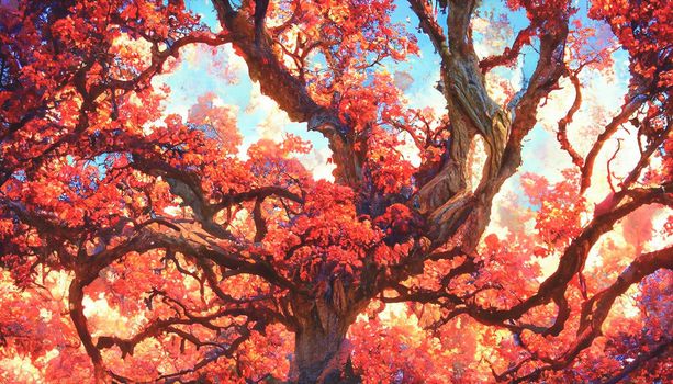 3D render extraordinarily massive oak tree with leaves the color of crimson.