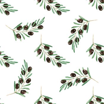 Watercolor black olive seamless pattern on white background