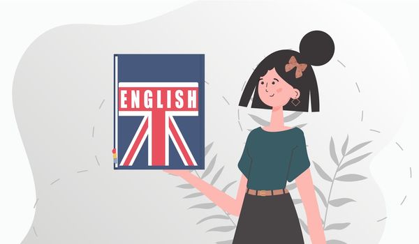 The concept of learning English. A woman holds an English dictionary in her hands. Flat modern style. Vector illustration.