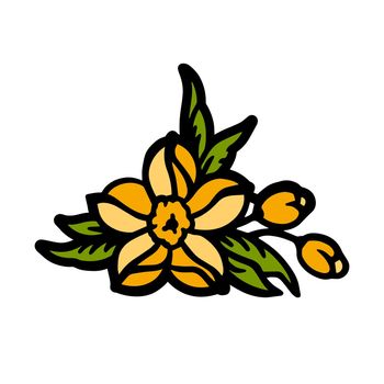 Cute hand drawn flower with leaves. Color image of flowers. Icon for spring.