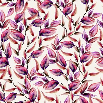 Red and violet leaves watercolor texture pattern. Hand drawn illustration