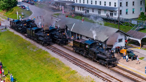 Aerial View of Five Shay Steam Engines, Warming Up for a Parade of Steam With All Five Engines