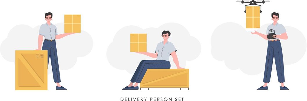 A set of a man with a box and a parcel. The concept of cargo delivery. Trendy cartoon style. Vector illustration.
