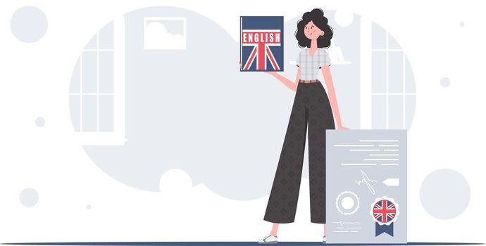 The concept of teaching English. A woman holds an English dictionary and a certificate in her hands. trendy style. Vector.