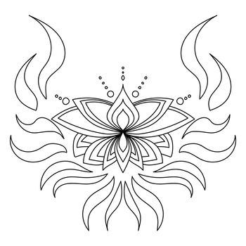 Zen lotus with curls and waves, outline symbolic flower for design