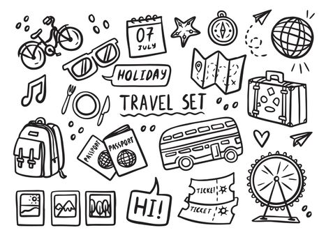 Set travel outline doodle signs. Tourism and summer adventure icons. Clip art travelling elements