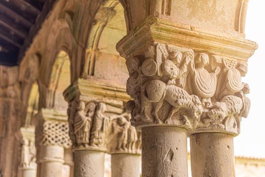 Ornamental stone columns in ancient catholic church