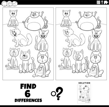 Black and white cartoon illustration of finding the differences between pictures educational game with cats animal characters coloring page