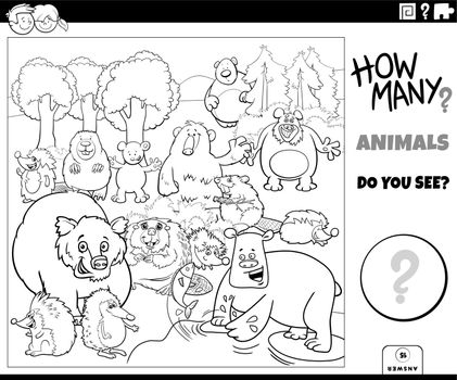 Black and white illustration of educational counting game for children with cartoon wild animal characters group coloring page