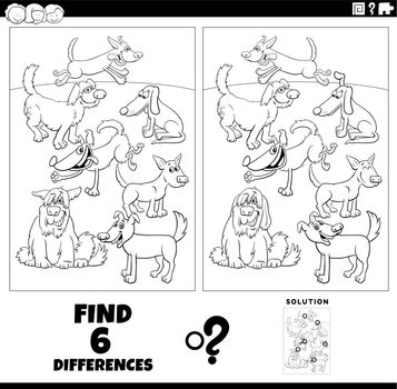Black and white cartoon illustration of finding the differences between pictures educational task with dogs animal characters coloring page