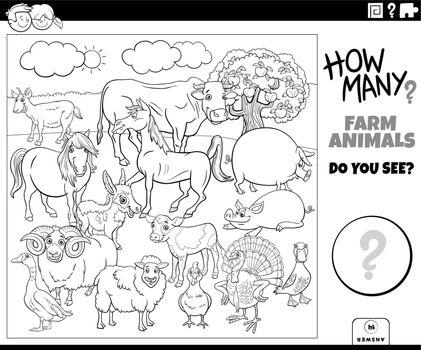 Black and white illustration of educational counting task with cartoon farm animal characters group coloring page