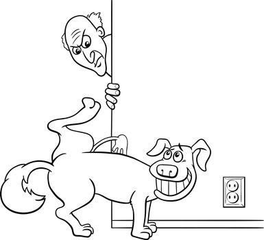 cartoon dog peeing at home and his angry owner coloring page