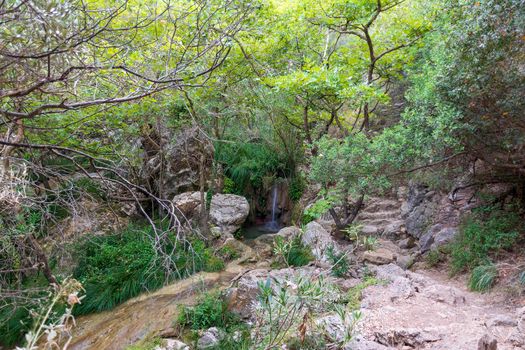 Mountain Lake and Waterfall in Polilimnio area in Messinia, Greece