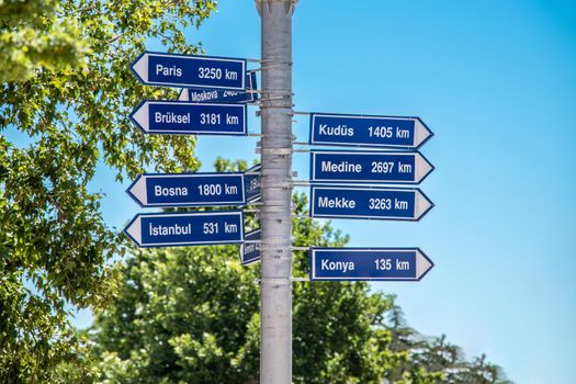 Signpost showing Important Cities (Paris, Brussels, Bosnia, Istanbul, Jerusalem, Medina, Mecca)