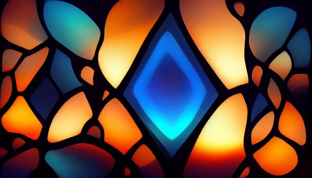 Blue glowing stained glass pattern background.