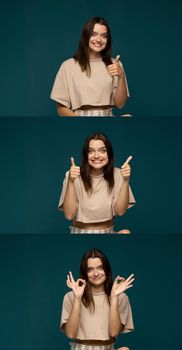 Set of tree photos cheerful young brunette woman showing a gestures thumb up and thumb down on cyan color background. Like and unlike gesture. Vertical photo.