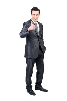 Businessman showing like gesture in studio. White background.