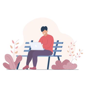 Man using laptop computer on street bench. Vector and Illustration.